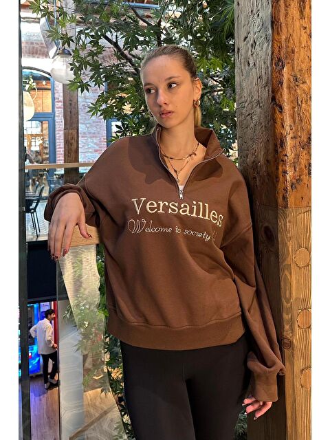 Madmext Kahverengi Yarım Fermuarlı Baskılı Sweatshirt Mg2240 - S000346064-19413
