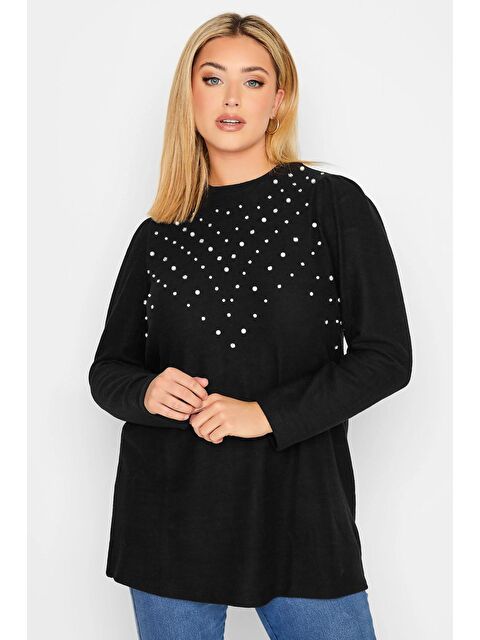 Stil Diva Büyük Beden Bisiklet Yaka Yumuşak Dokulu İnci İşlemeli Bluz 301421 - S000243374-19351