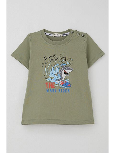 Breeze Erkek Çocuk Tişört Sörfçü Sevimli Köpek Balığı Baskılı Haki Yeşil (1.5-5 Yaş) - S000502008-37310