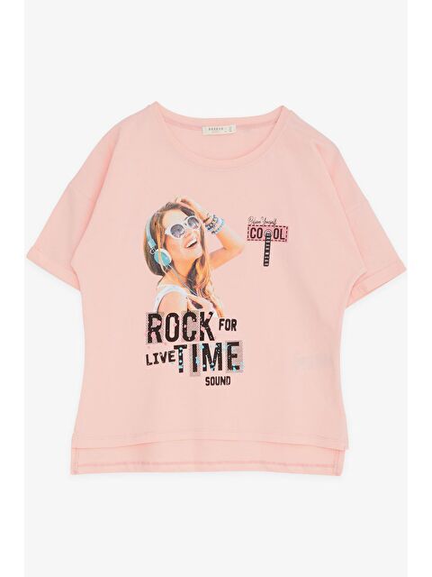 Breeze Kız Çocuk Tişört Havalı Rockçı Kız Baskılı Somon (9-10 Yaş) - S000216084-24085