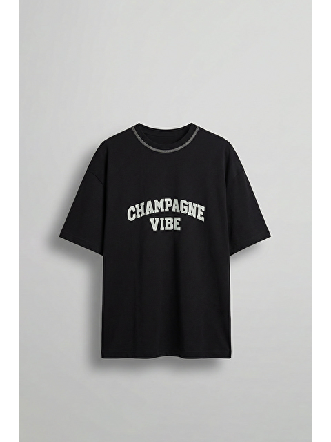Abluka Online Erkek Oversize Premium Kontrast Yaka Baskılı T-Shirt Siyah - S000513506-19351