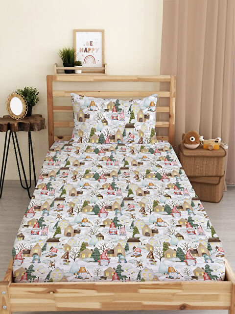 Evmila Noel Ve Kar Desenli Tek Kişilik Dijital Baskılı Lastikli Çarşaf Takımı (Pamuklu) – 100x200cm - S000486338-23173