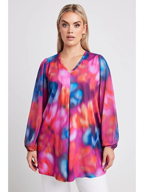 Stil Diva Büyük Beden Uzun Kolları Tül Detaylı Pileli V Yaka Bluz 321822 - S000243373-20024