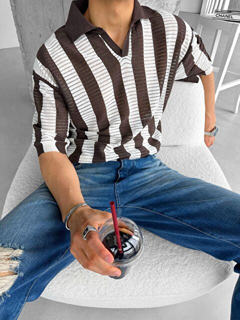 Abluka Online Oversize Yarım Pat Yaka Fileli Triko Erkek Tişört - S000203055-19413