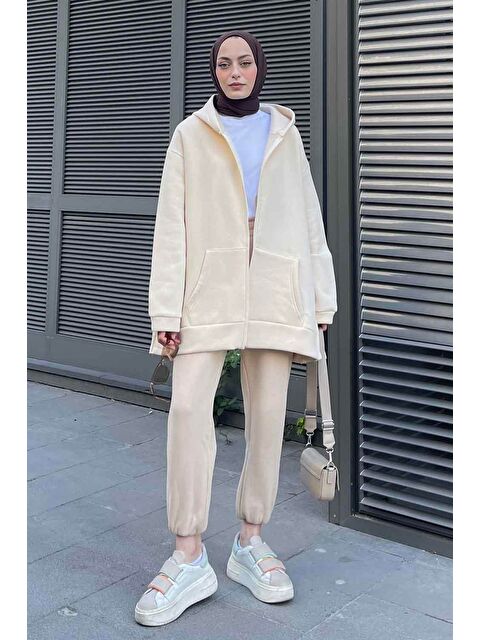 Lamelif Önü Fermuarlı Yan Yırtmaçlı Üç Iplik Sweat Hırka Krem