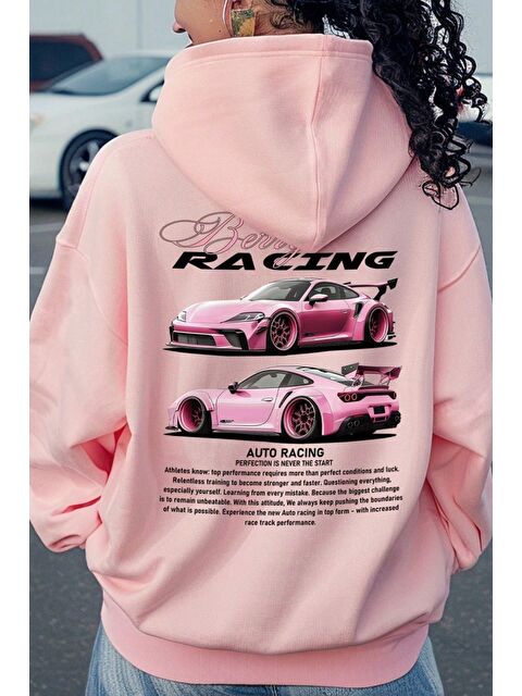 Trendseninle Kadın Pembe Oversize Berry Racing Baskılı Kapüşonlu Sweatshirt Hoodie - S000429976-20024