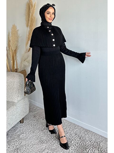 Julude Pelerinli Pileli Tesettür Triko Elbise - S000491548-19351