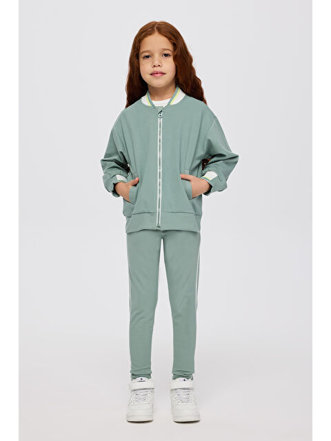 Panço Kız Çocuk Kolej Yaka Yakası Çizgili Fermuarlı Yeşil Sweatshirt - S000514490-18194