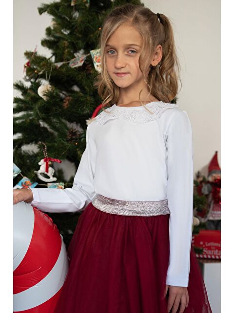 Breeze Kız Çocuk Uzun Kollu Tişört Yaka Kısmı Dantel Detaylı Kırık Beyaz (9-14 Yaş) - S000506154-10584