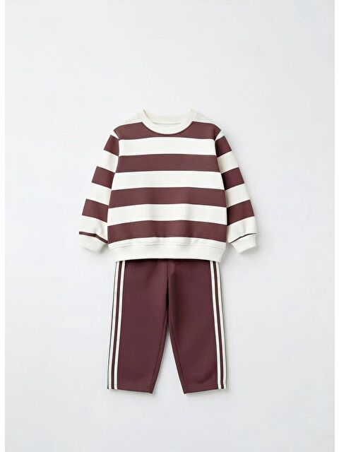 Magu Unisex Çocuk Pamuklu Kahve Çizgili Sweatshirt Ve Şeritli Eşofman Takım - Rahat Kesim - S000446797-19413