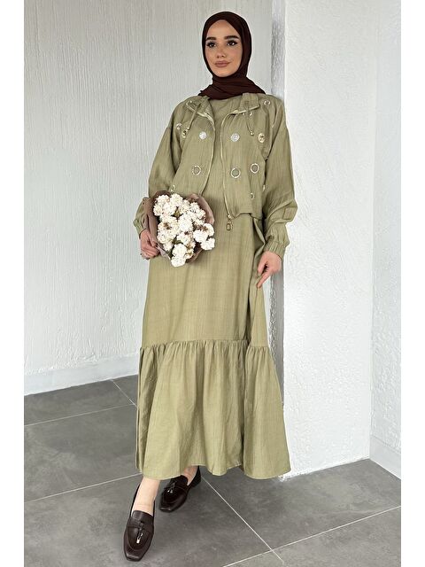 Julude Gülseli Düz Elbise Taş İşlemeli Ceket Tesettür İkili Takım