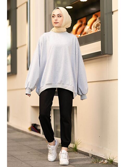Lamelif Balon Kol Yaka Ve Etek Ucu Manşetli Bol Sweat Gri - S000517841-20600