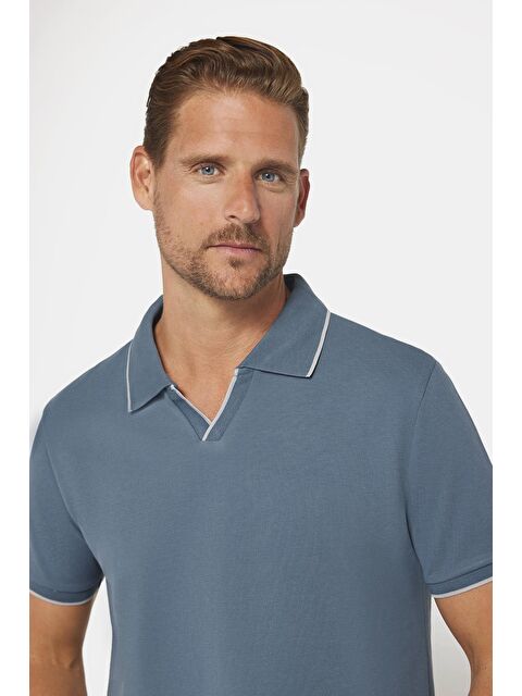 TUDORS Erkek Slim Fit Dar Kesim %100 Pamuk Düz Pike Düğmesiz Antrasit Polo Yaka Tişört