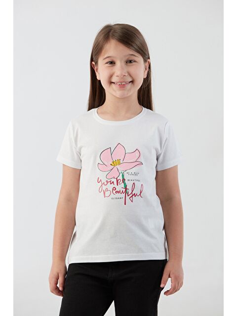 Fullamoda %100 Pamuk Çiçek Baskılı Bisiklet Yaka Kız Çocuk Tişört - S000381267-20063