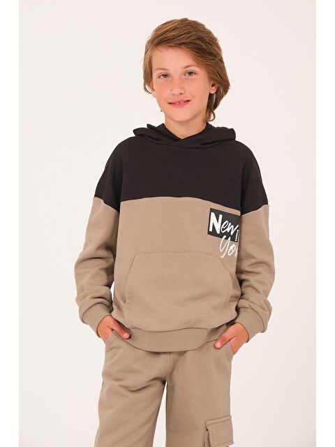 JAZZİEE Unisex Çocuk Baskılı Kapüşonlu Sweatshirt   Açık Haki - S000316687-17354