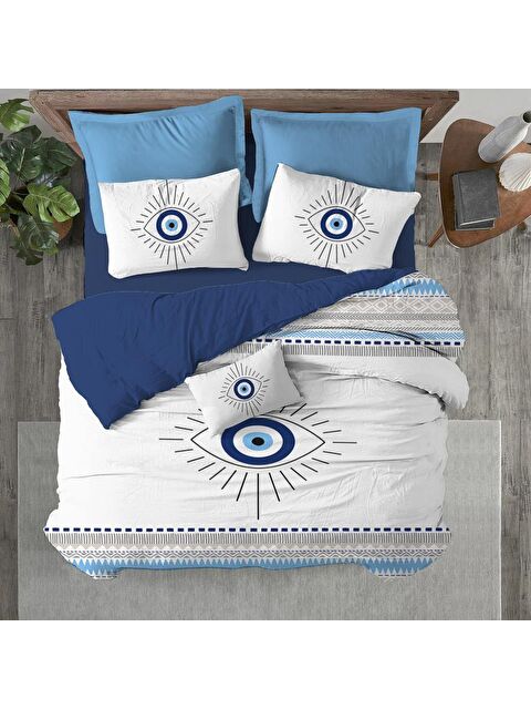 Evmila Göz Desen Baskılı Çift Kişilik 200x220 cm 2 Adet 50x70 cm Nevresim Takımı - Mavi - S000130704-23173