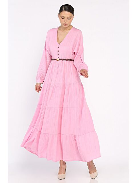 Gülseli V Yaka Bel Lastikli Kemerli Kadın Elbise - S000399283-20024