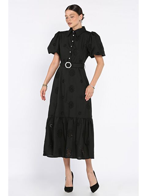 Gülseli Kadın Kemer Detaylı Balon Kol Brode Elbise - S000399297-19351