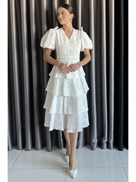 Gülseli Kadın Omuz Bağlama Detaylı Balon Kol Brode Fırfırlı Elbise - S000399299-20063