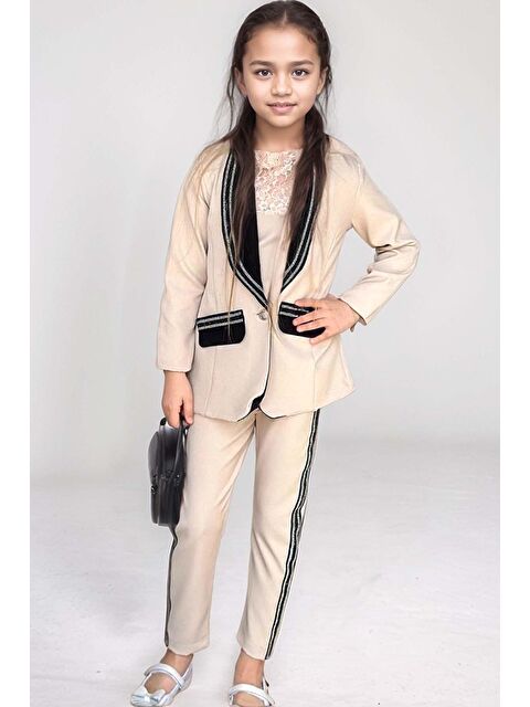 Riccotarz Kız Çocuk Taş İşleme Şal Yaka Blazer Ceket Dantel Detaylı Bluz Şerit Detaylı Krem Alt Üst Takım - S000317329-19966