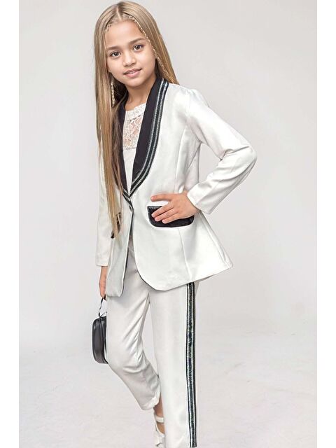 Riccotarz Kız Çocuk Taş İşleme Şal Yaka Blazer Ceket Dantel Detaylı Bluz Şerit Detaylı Beyaz Alt Üst Takım - S000317334-20063