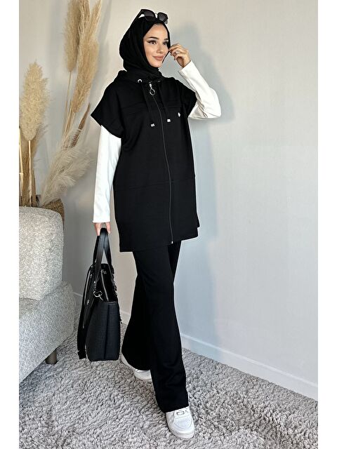 Julude Fermuarlı Kapüşonlu Yelek Tunik Pantolon Tesettür Üçlü Takım - S000491576-19351