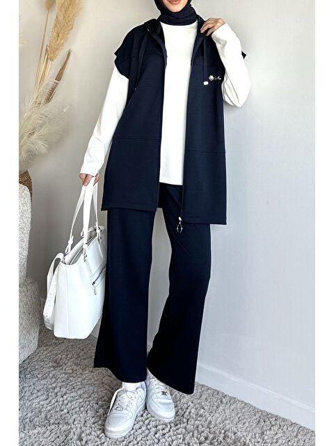 Julude Fermuarlı Kapüşonlu Yelek Tunik Pantolon Tesettür Üçlü Takım - S000491576-21164