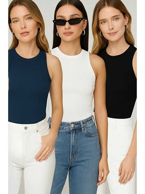 Trendseninle Kadın Laci Siyah Beyaz Bisiklet Yaka Sıfır Kol Body Atlet 3lü Set - S000377767-37355