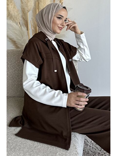 Julude Fermuarlı Kapüşonlu Yelek Tunik Pantolon Tesettür Üçlü Takım - S000491576-19413