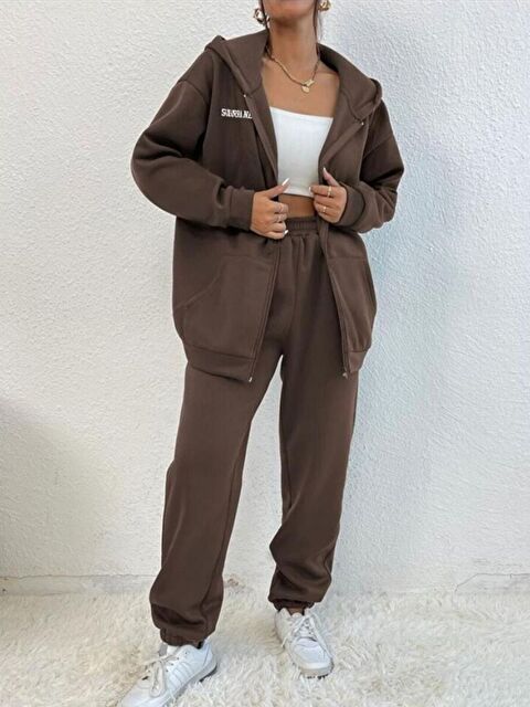 Trendseninle Kadın Kahve Sierra Nevada Baskılı Hırka Jogger Oversize Eşofman Takımı - S000112693-19413