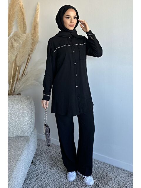 Julude Çift Cepli Taşlı Tunik Pantolon Tesettür İkili Takım - S000470330-19351