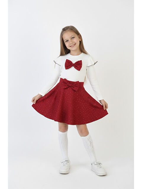 Modanino Kız Çocuk 2'li Elbise Taş Süslemeli Etek+Omuz Detaylı ve Fiyonklu Bluz 4-9 Yaş 12503 - S000505665-20045