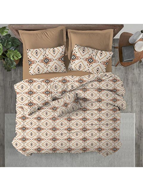 Evmila Etnik Desen Baskılı Çift Kişilik 200x220 cm 2 Adet 50x70 cm Nevresim Takımı - Kahverengi - S000130708-23173