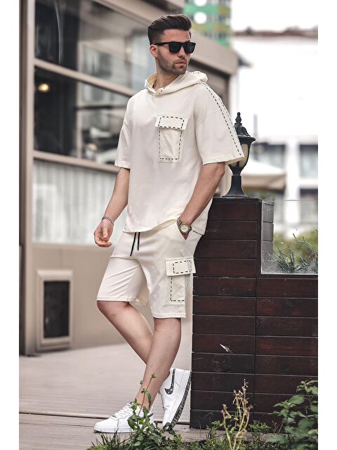 Madmext Ekru Cep Detaylı Kapüşonlu Şort %100 Pamuk Takım 5941 - S000185646-19965