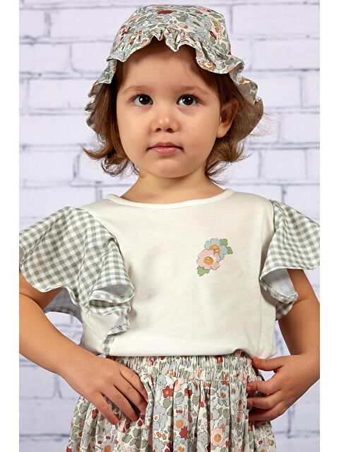 MİNİNİO Kız Çocuk Ekru Kolları Volan Detaylı T-Shirt - S000363742-23173
