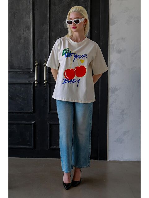 Madmext Ekru %100 Pamuklu Baskılı Kadın Tişört Mg2380 - S000369818-19965