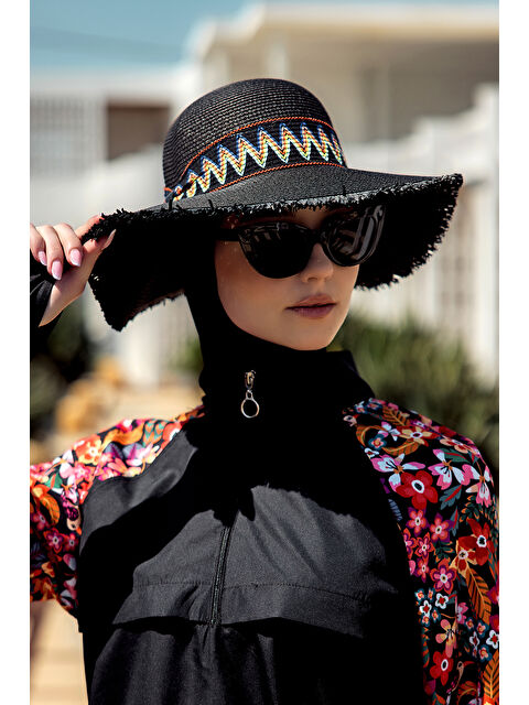 Remsa Mayo Kenarları Püsküllü Zigzag Şerit Detaylı Hasır Şapka Plaj Şapkası RŞ-2101 Siyah - S000400036-19351