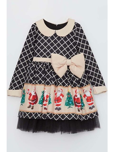 Riccotarz Kız Çocuk Ekose Detaylı Baskılı Bebe Yaka Siyah Elbise - S000317335-19351