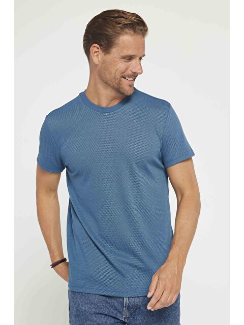 TUDORS Erkek Slim Fit Dar Kesim Esnek Kumaş Örme Bisiklet Yaka İndigo Tişört