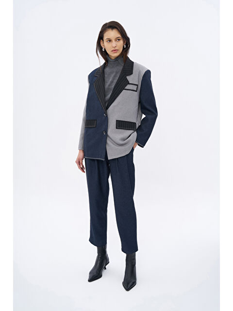 QUZU Dikiş Detaylı Matchli Blazer Ceket Lacivert - S000314483-21164