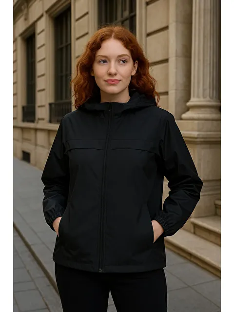 Comstar Kadın Astarlı Kapüşonlu Siyah Rüzgarlık & Yağmurluk