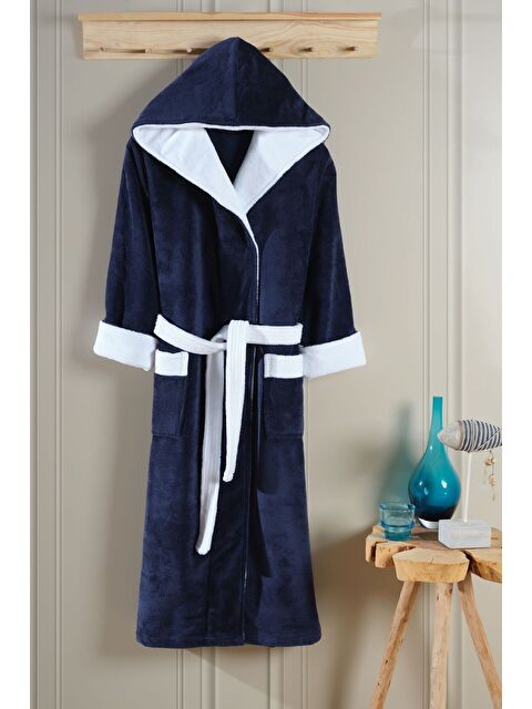 Varol Biyeli Kapüşonlu Bambu Bornoz-LACİVERT-BEYAZ-3XL - S000450887-37341