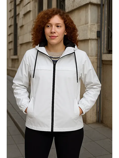 Comstar Kadın Astarlı Kapüşonlu Beyaz Rüzgarlık & Yağmurluk