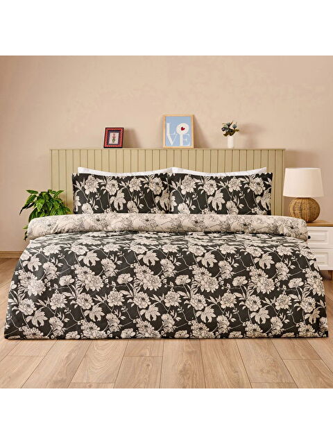 Evidea Soft Blanora Pamuk Saten Çift Kişilik Nevresim Takımı - Antrasit / Ekru