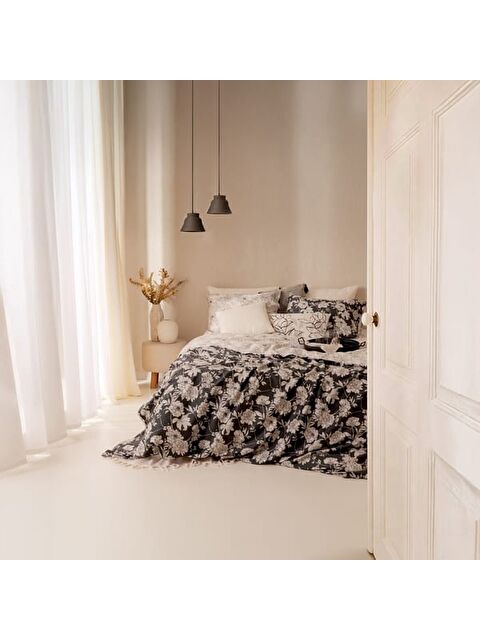 Evidea Soft Blanora Pamuk Saten Çift Kişilik Nevresim Takımı - Antrasit / Ekru