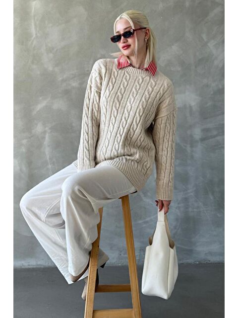 Madmext Ekru Balıkçı Yaka Örgülü Triko Kazak Mg2336 - S000350615-19965