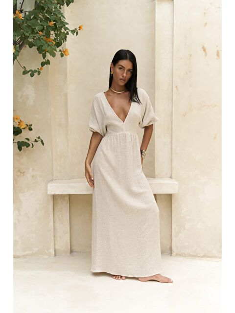 Bohemai Habire Sırt Dekolteli Bej Elbise - S000240665-19928