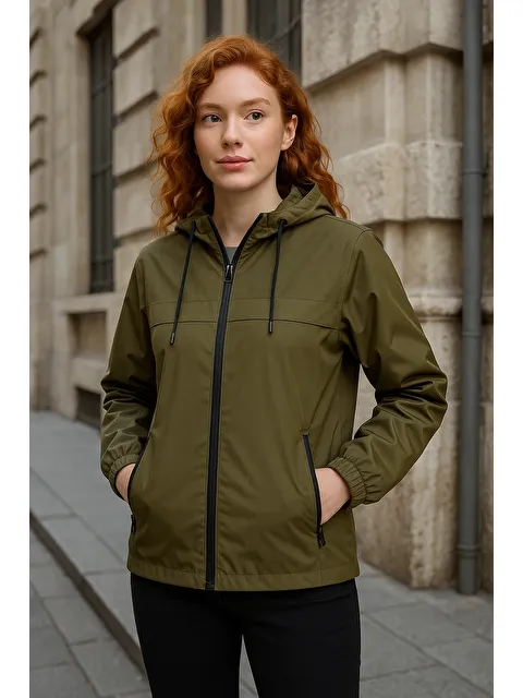 Comstar Kadın Astarlı Kapüşonlu Haki Rüzgarlık & Yağmurluk