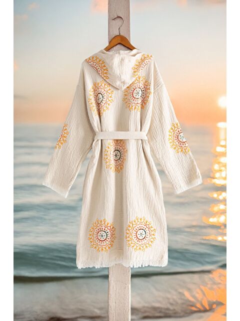 Varol Organik %100 Pamuk Kapüşonlu Sabalık Bornoz Plaj Elbisesi - Lumora-KREM-S/M - S000450893-19966