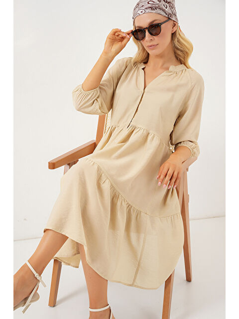 Bigdart Kadın Düğmeli Kısa Kol Elbise 2559 - Krem - S000393170-19966